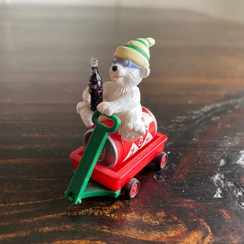 Vintage 2000 Coca-Cola Polar Bear Figurine Soda Can Red Wagon Miniature Trinket